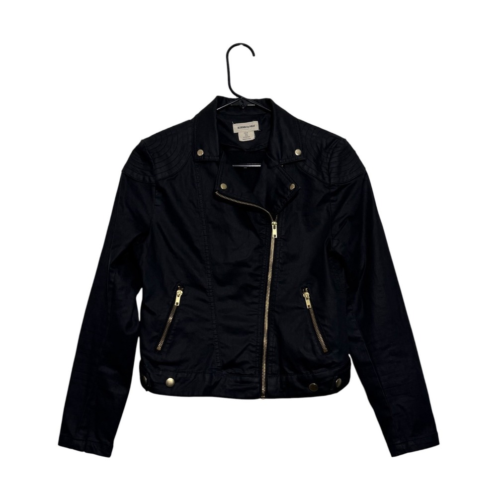 &Denim By H&M‎ Moto Jacket Edgy Biker Chic Black Coated Gold Zip Women's Size 6